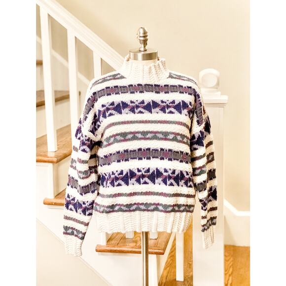 90s Eddie Bauer Cotton Sweater, Vintage Geometric Print, Purple Blue, Size M - Picture 2 of 3